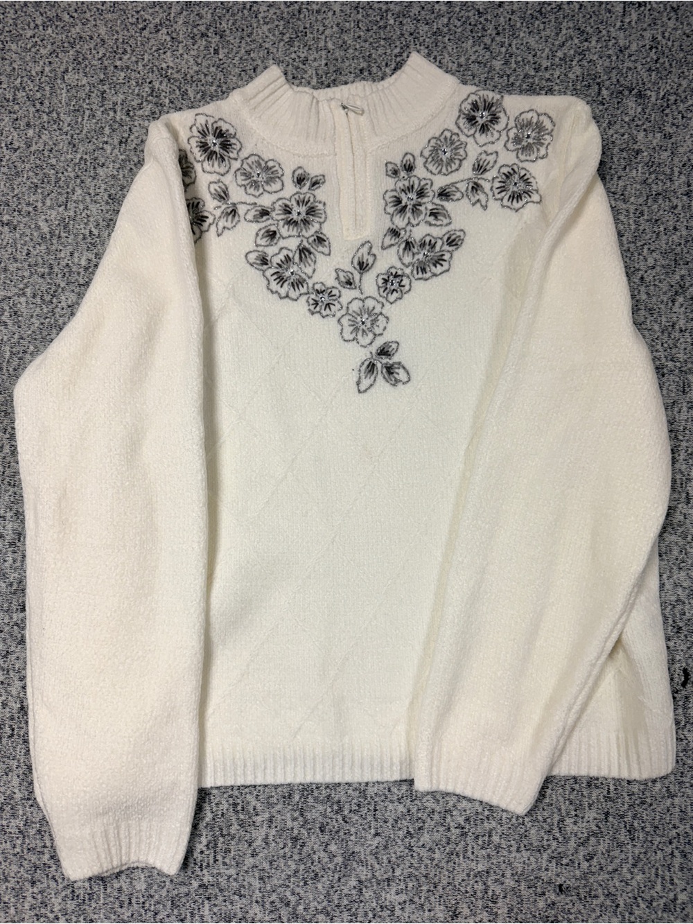 Alfred Dunner Cream Sweater with Black Floral Embroidery